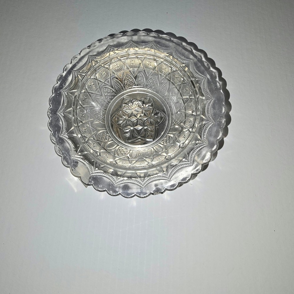Vintage Pressed Glass Bowl with Silver Tone Metal Tripod Stand Scalloped Rim